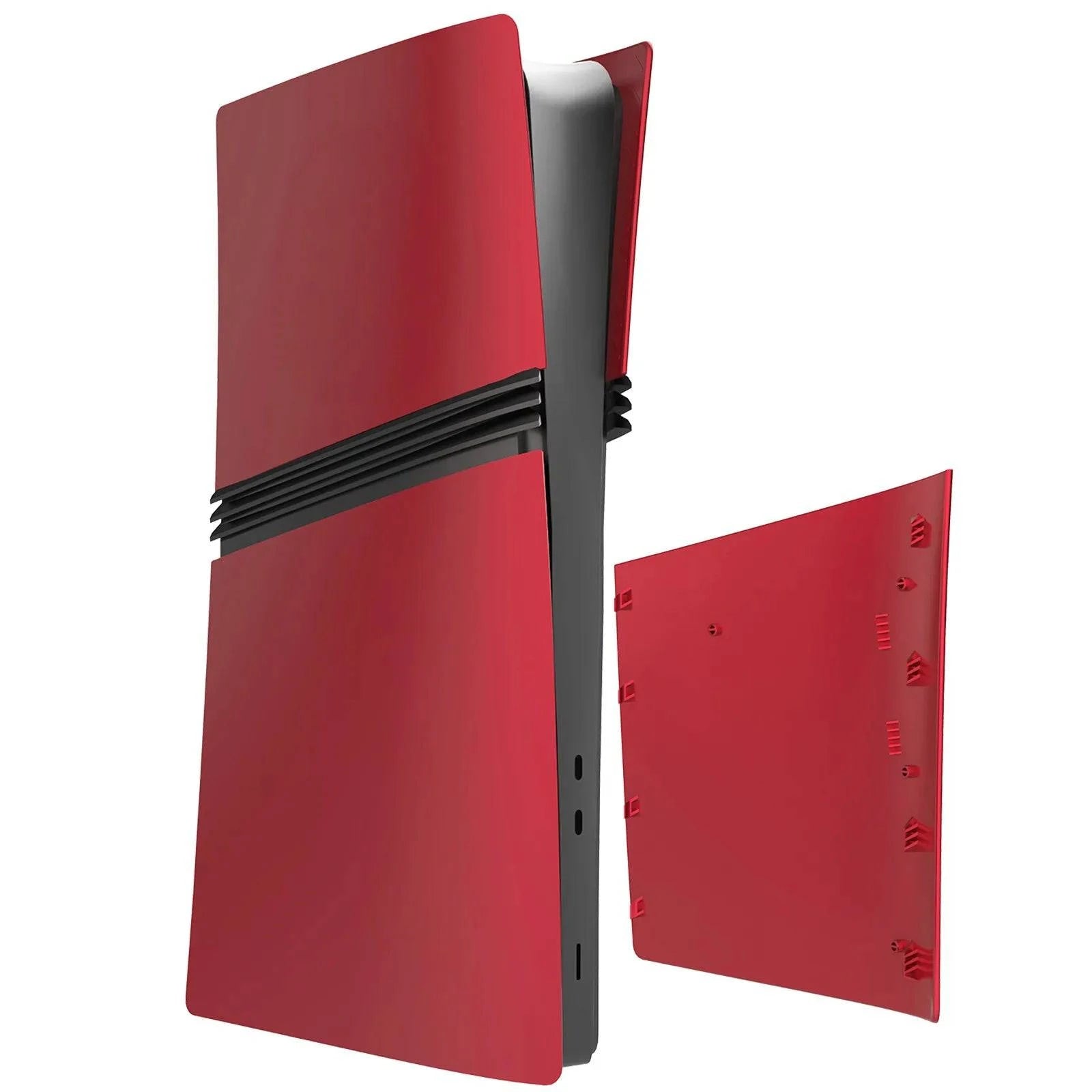 Nehwei enterprise PS5 Pro faceplate cover in matte skin finish with two red silicone controller covers on a white background.