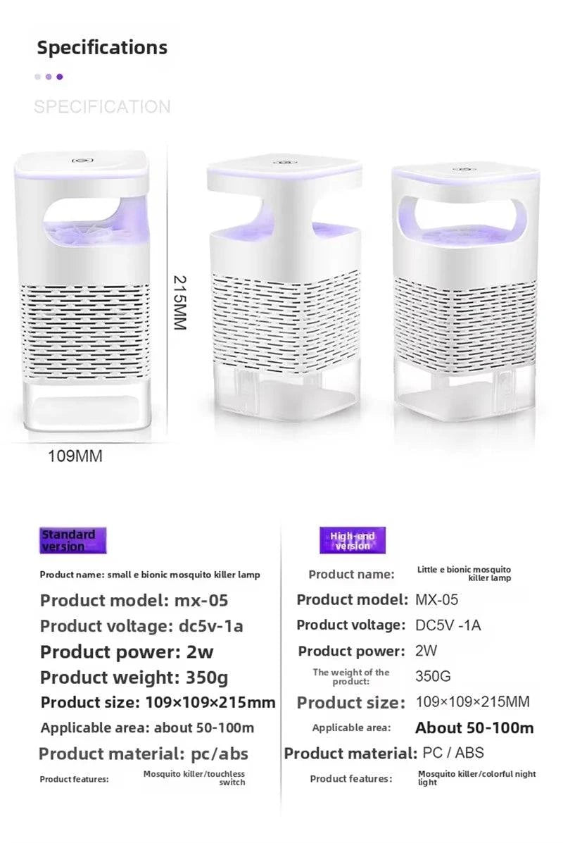 Nehwei electronic LED mosquito killer lamp with USB, ultra-quiet fly trap and insect repeller for home use, illuminated with blue light.