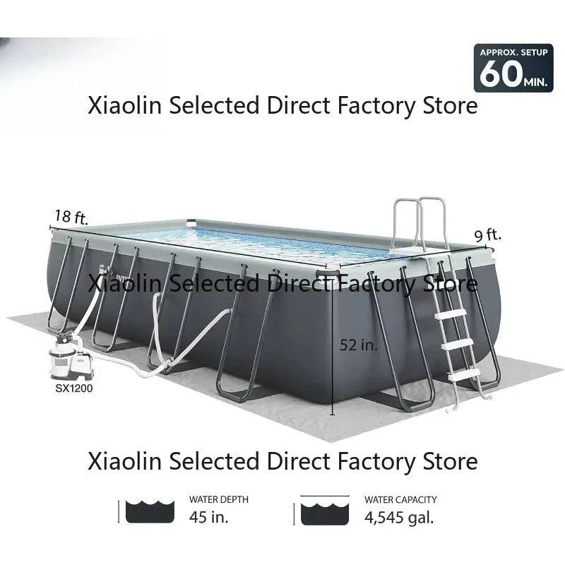 Nehwei Enterprise 18x9x52-inch rectangular above ground swimming pool with pump, large backyard frame pool for family fun.