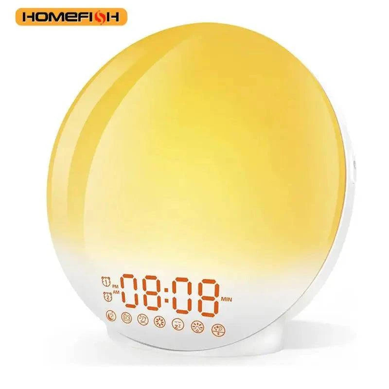 Nehwei sunrise sunset alarm clock with colorful atmosphere light, FM radio, and natural sound tunes, showcasing its modern design.