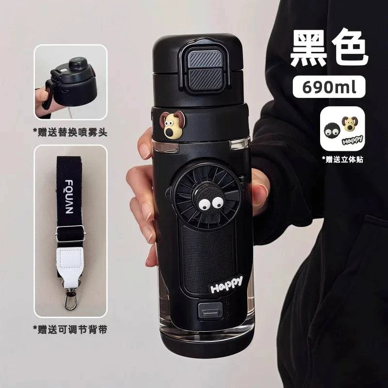 Nehwei 2-in-1 portable water bottle with built-in fan and mist spray, leakproof design for outdoor sports and kids.