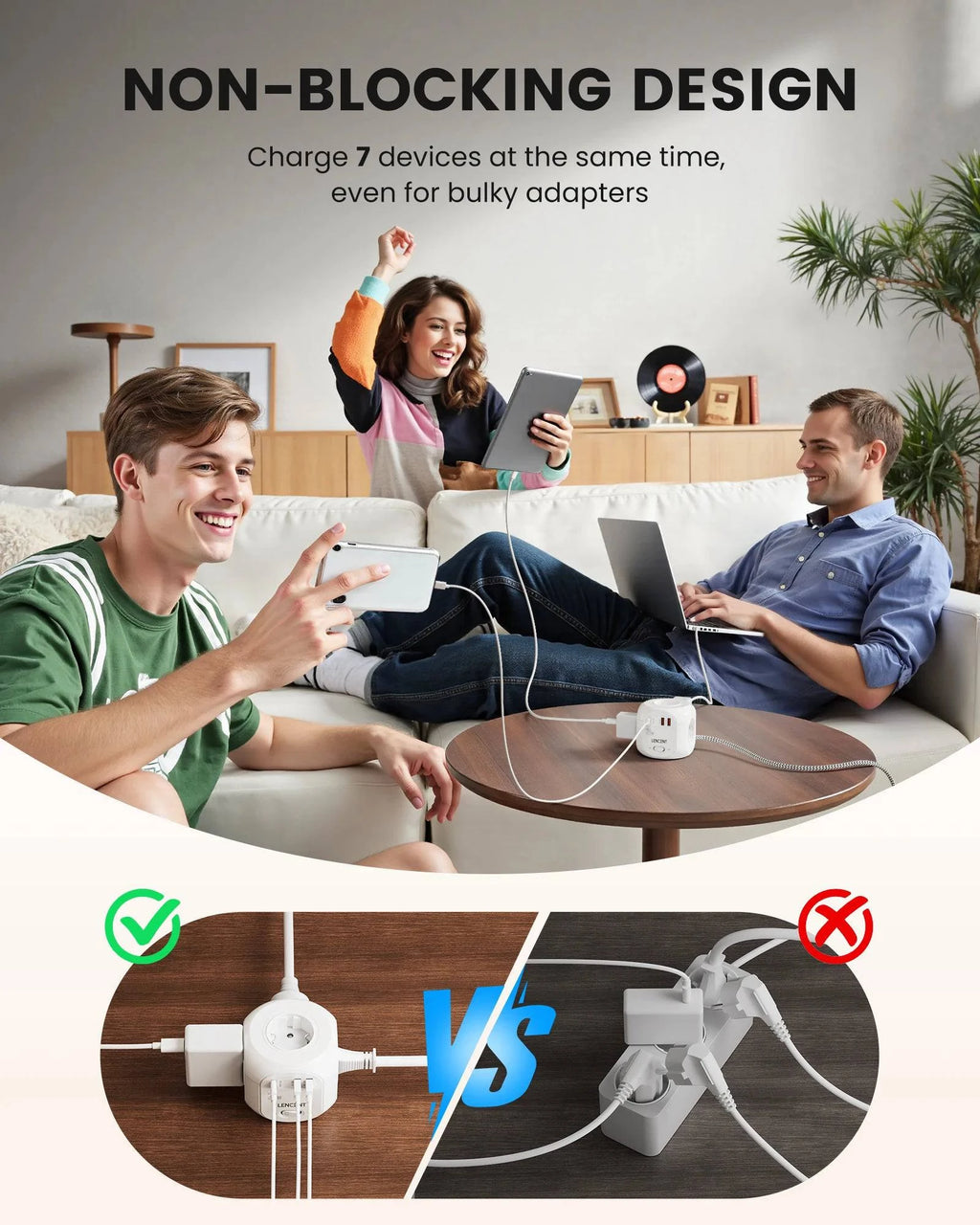 Nehwei enterprise LENCENT flat EU plug power strip cube with 4 AC outlets, 2 QC3.0 USB ports, Type C PD20W charging, braided cable