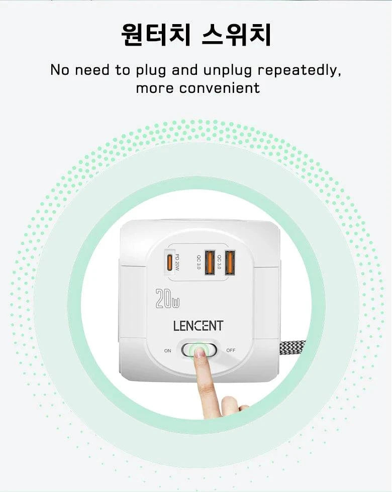 Nehwei enterprise LENCENT flat EU plug power strip cube with 4 AC outlets, 2 USB QC3.0, Type C PD20W, braided cable