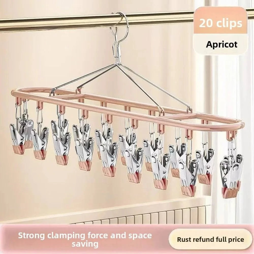 Stainless steel clothes drying rack with 20 clip capacity for socks, underwear, and clothes, featuring a sleek unmarked design.