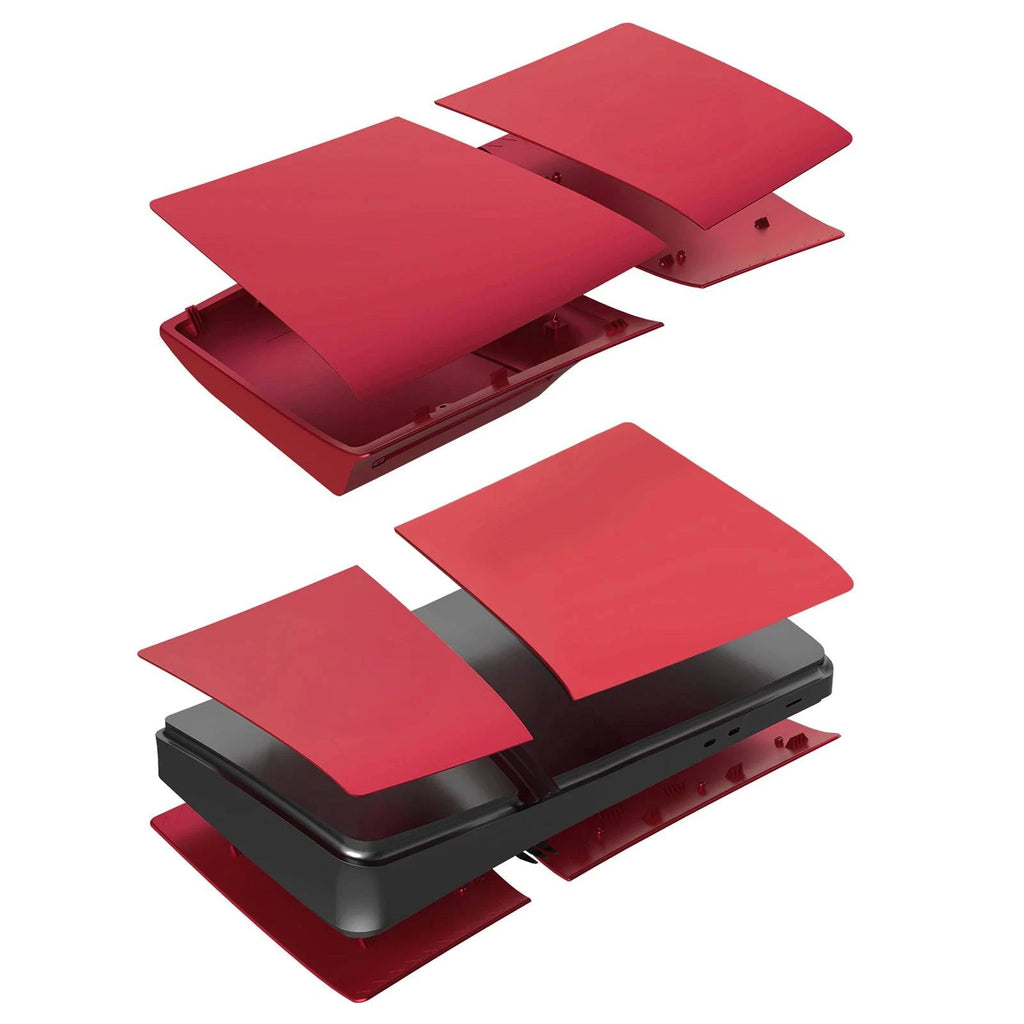 Nehwei enterprise PS5 Pro faceplate cover with red silicone controller covers, matte ABS shell for digital and disc editions.