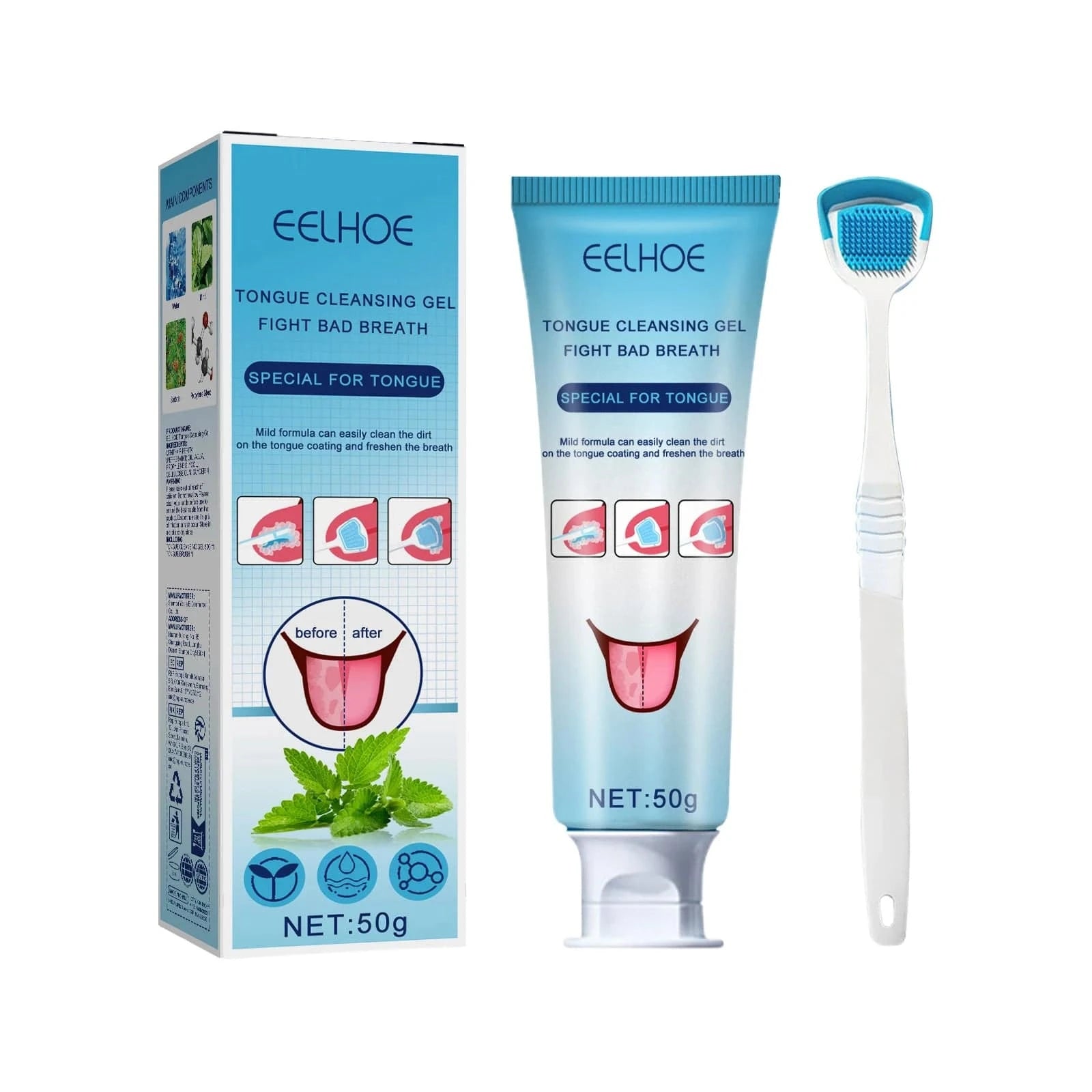 EELHOE tongue cleaning gel with brush from Nehwei enterprise, showing the oral care kit for fresh breath and dental hygiene.