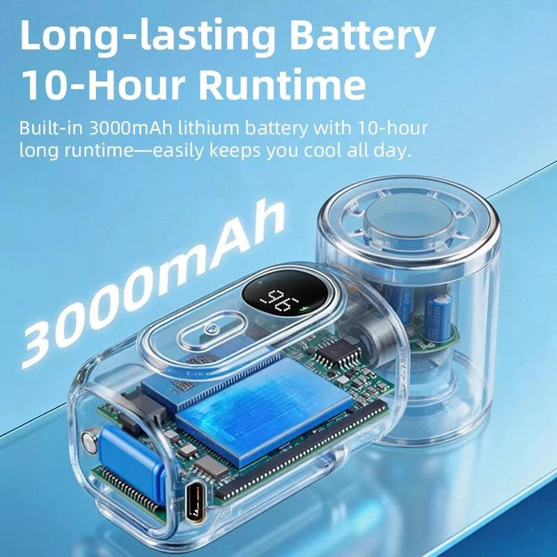 Handheld Nehwei portable mini fan with 3000mAh battery, 5 speeds, LED display, and 180° adjustable clip for cooling.