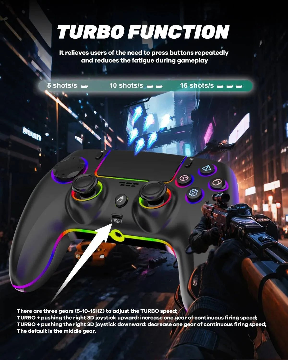 Nehwei wireless PS5 controller with anti-drift design, dual hall joysticks, macro back buttons, RGB lighting, and 1500mAh battery.