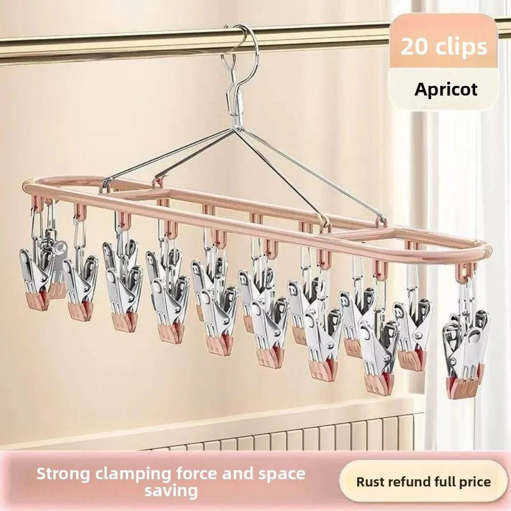 Stainless steel clothes drying rack with 20 clips for socks, underwear, and clothing, featuring a sleek unmarked design by Nehwei enterprise.