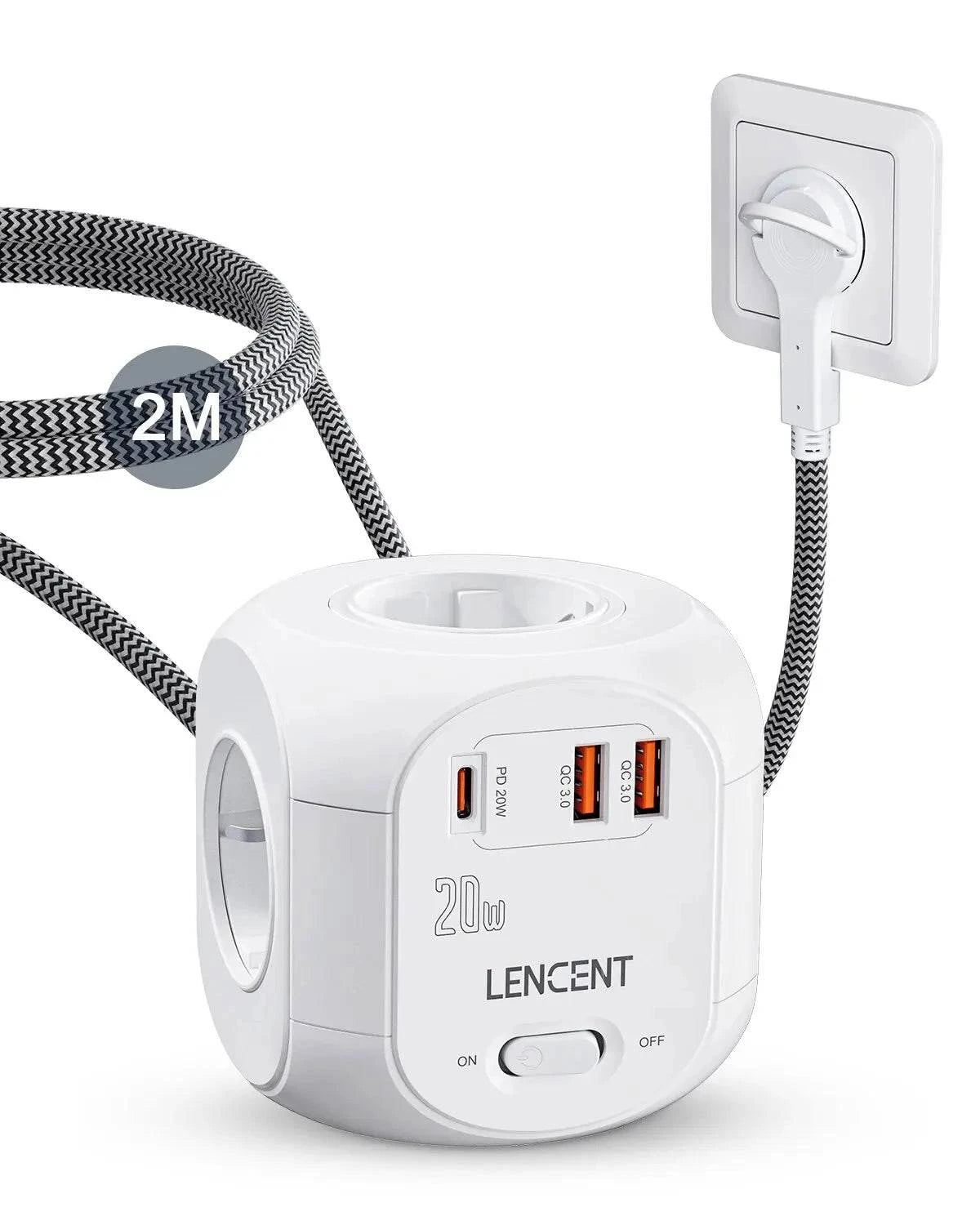 LENCENT flat EU plug power strip cube with 4 AC outlets, 2 QC3.0 USB ports, Type C PD20W fast charging, braided cable.