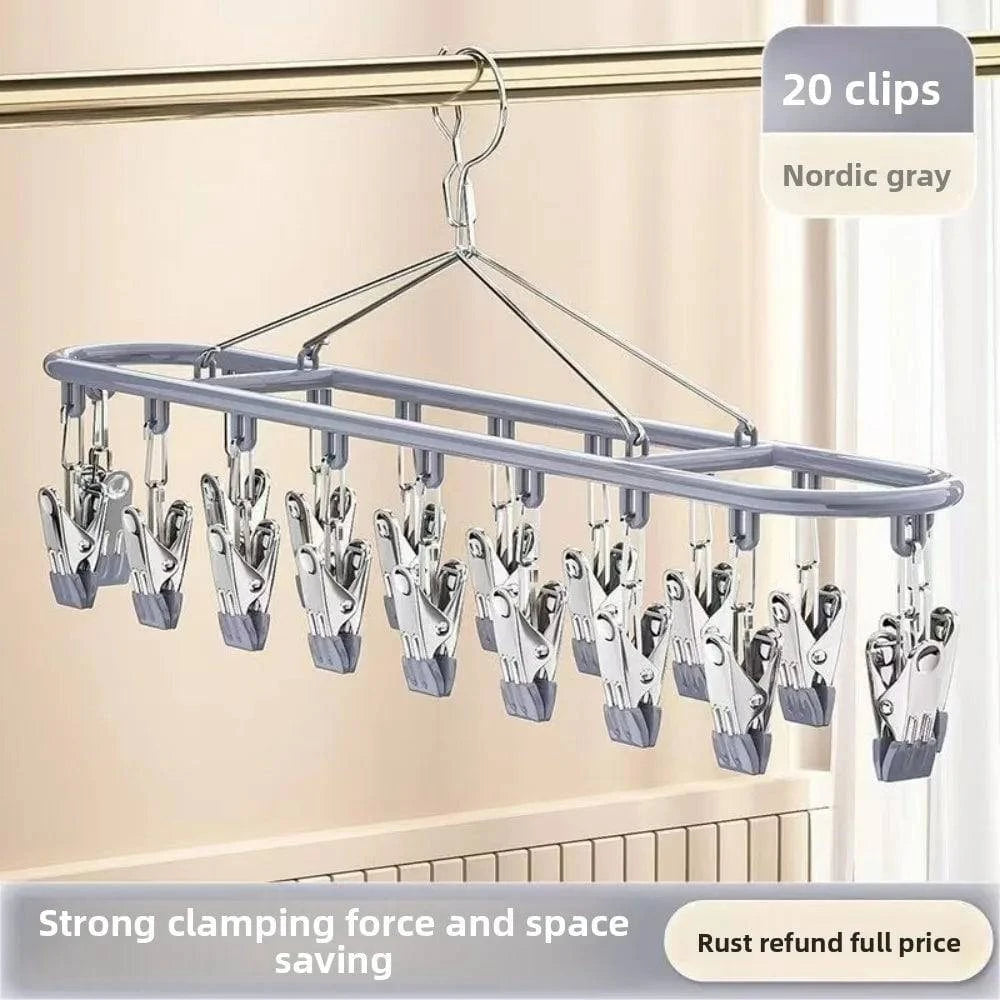 Stainless steel clothes drying rack by Nehwei enterprise with 20 clip capacity for socks, underwear, and clothes hanging.