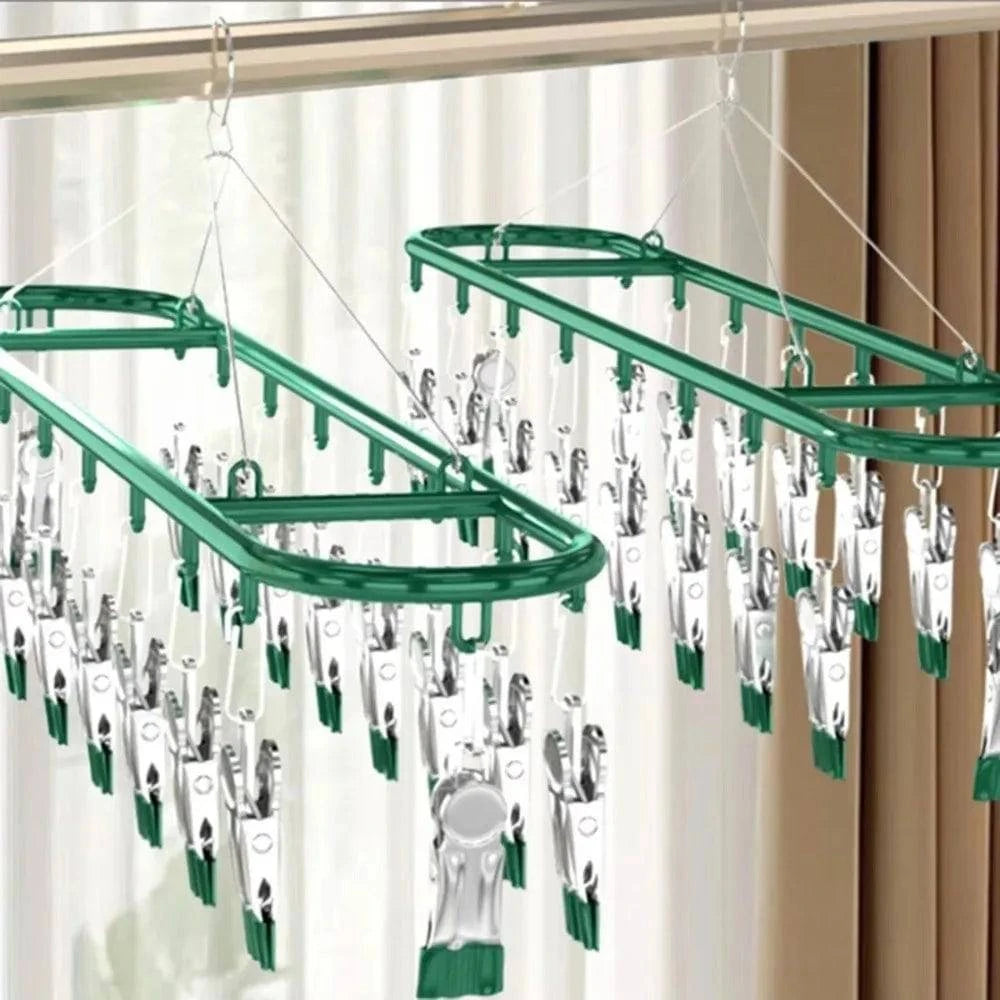 Stainless steel clothes drying rack with 20 clip capacity for socks and underwear, designed by Nehwei Enterprise.