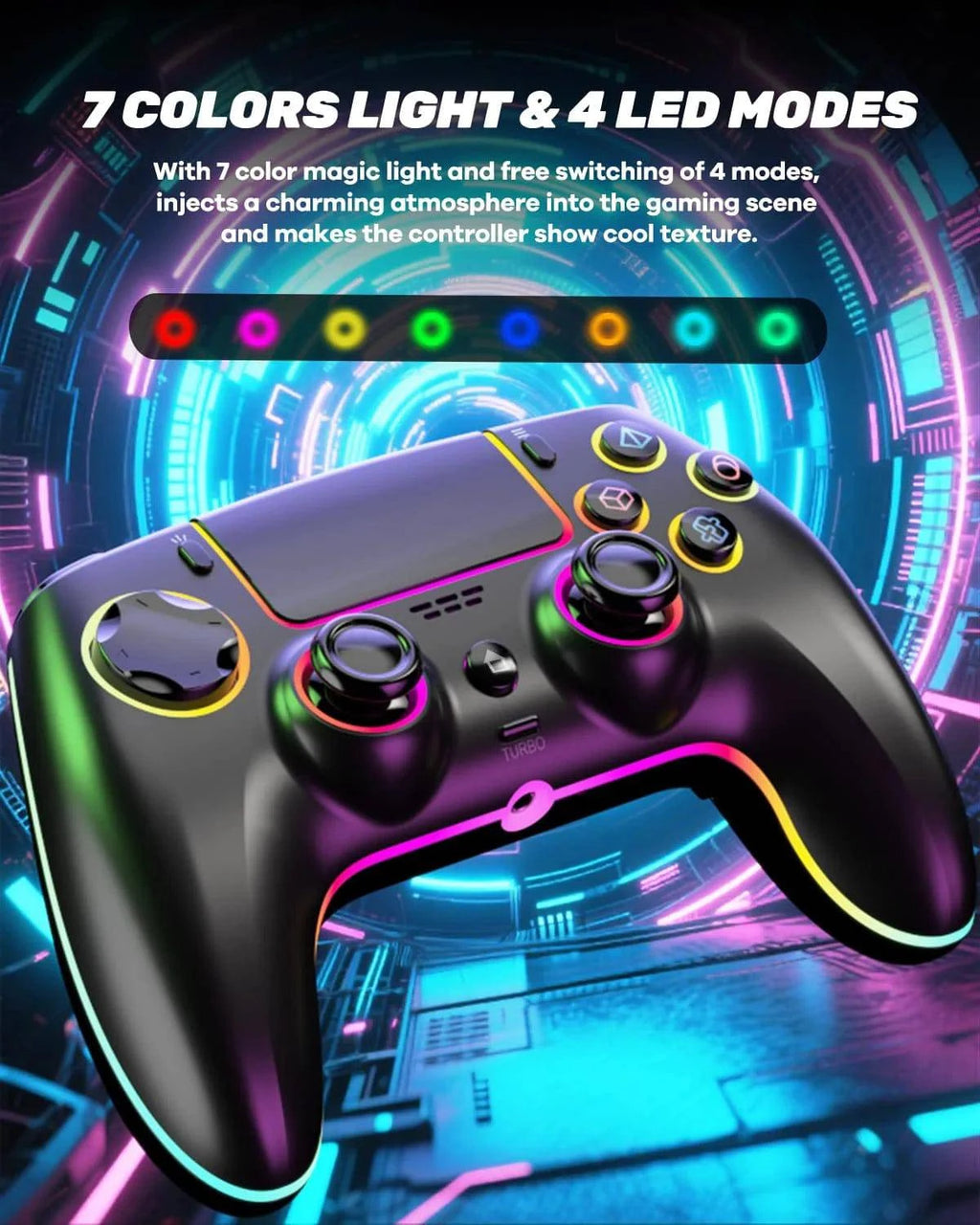 Wireless PS5 controller by Nehwei enterprise with dual Hall joysticks, RGB lighting, macro back buttons, and 1500mAh battery.