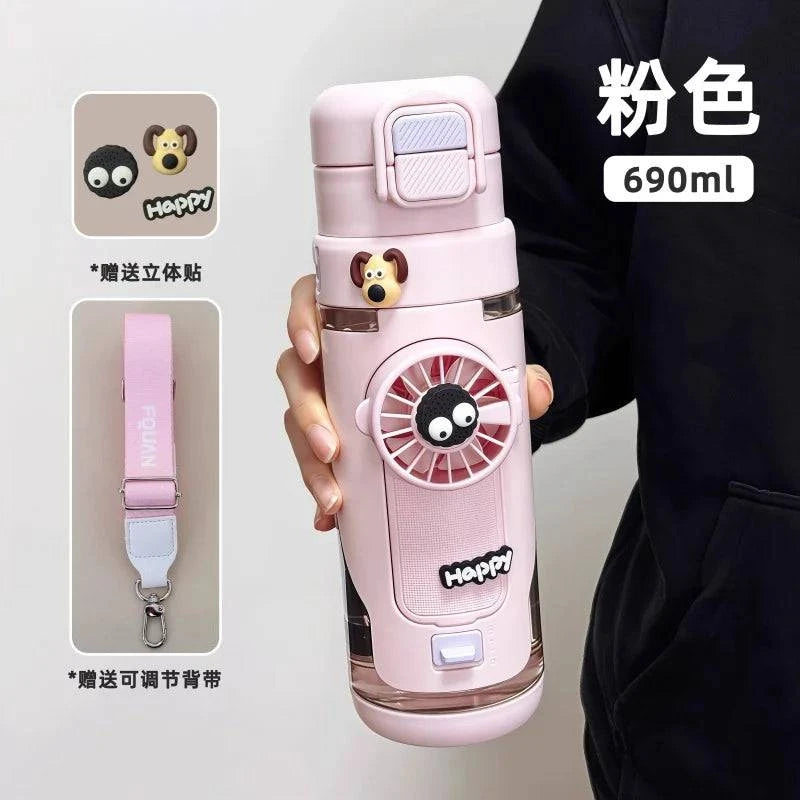 Nehwei 2-in-1 portable water bottle with integrated fan and mist spray, leakproof design for outdoor sports and kids.