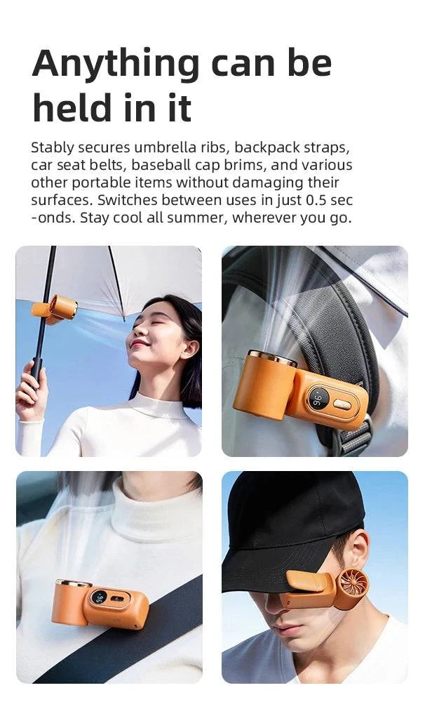 Nehwei handheld mini fan with LED display, 3000mAh battery, 5 speeds, adjustable 180°, clip-on design, portable cooling fan