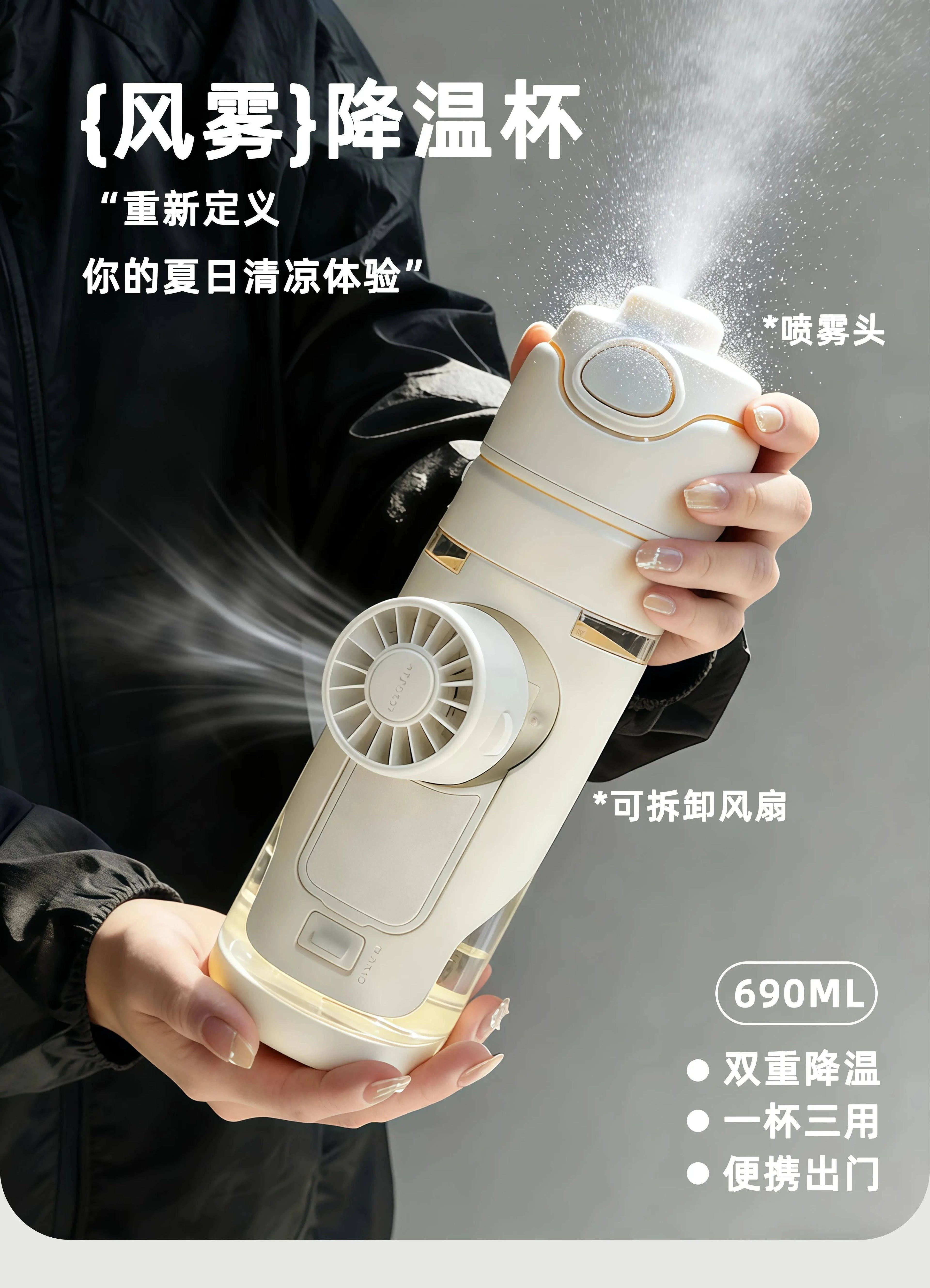 Nehwei 2-in-1 portable water bottle with fan mist spray, leakproof design, ideal for outdoor sports and kids.