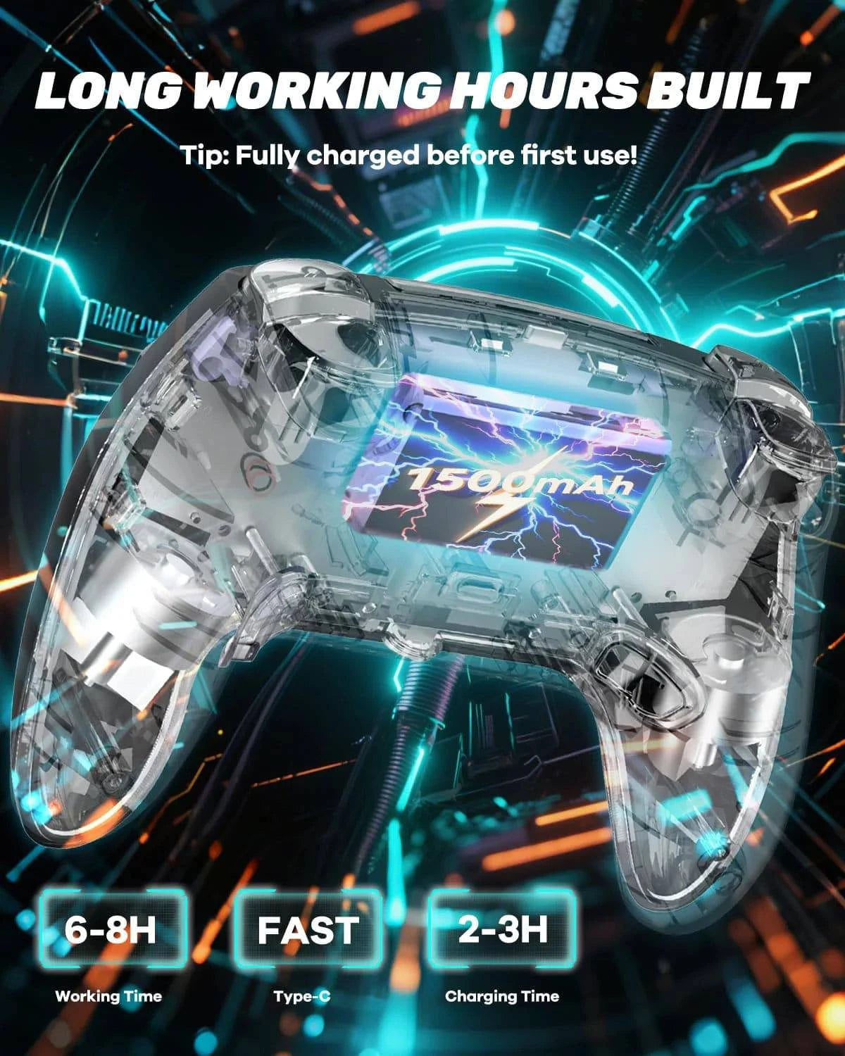 Nehwei enterprise wireless PS5 controller with dual hall joysticks, RGB lighting, macro buttons, and 1500mAh battery.