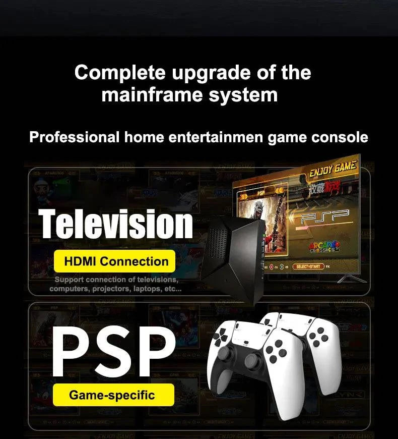 Nehwei G5 Game Retro Console with dual controllers, 4K HD display, showcasing a variety of classic game covers and retro design.