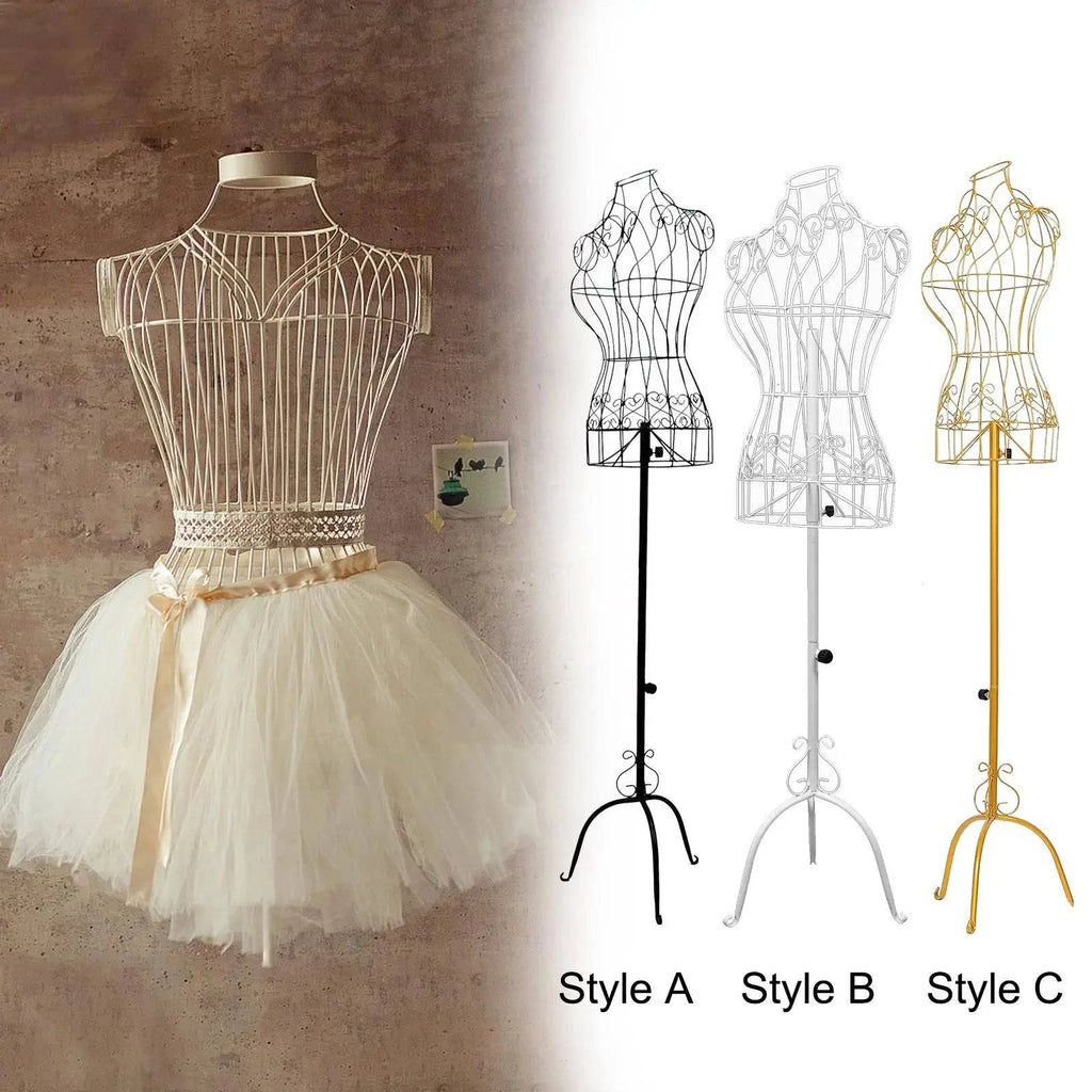 Female mannequin iron dress form with stable base and adjustable height, ideal for tailor, dressmaker, or shop display.