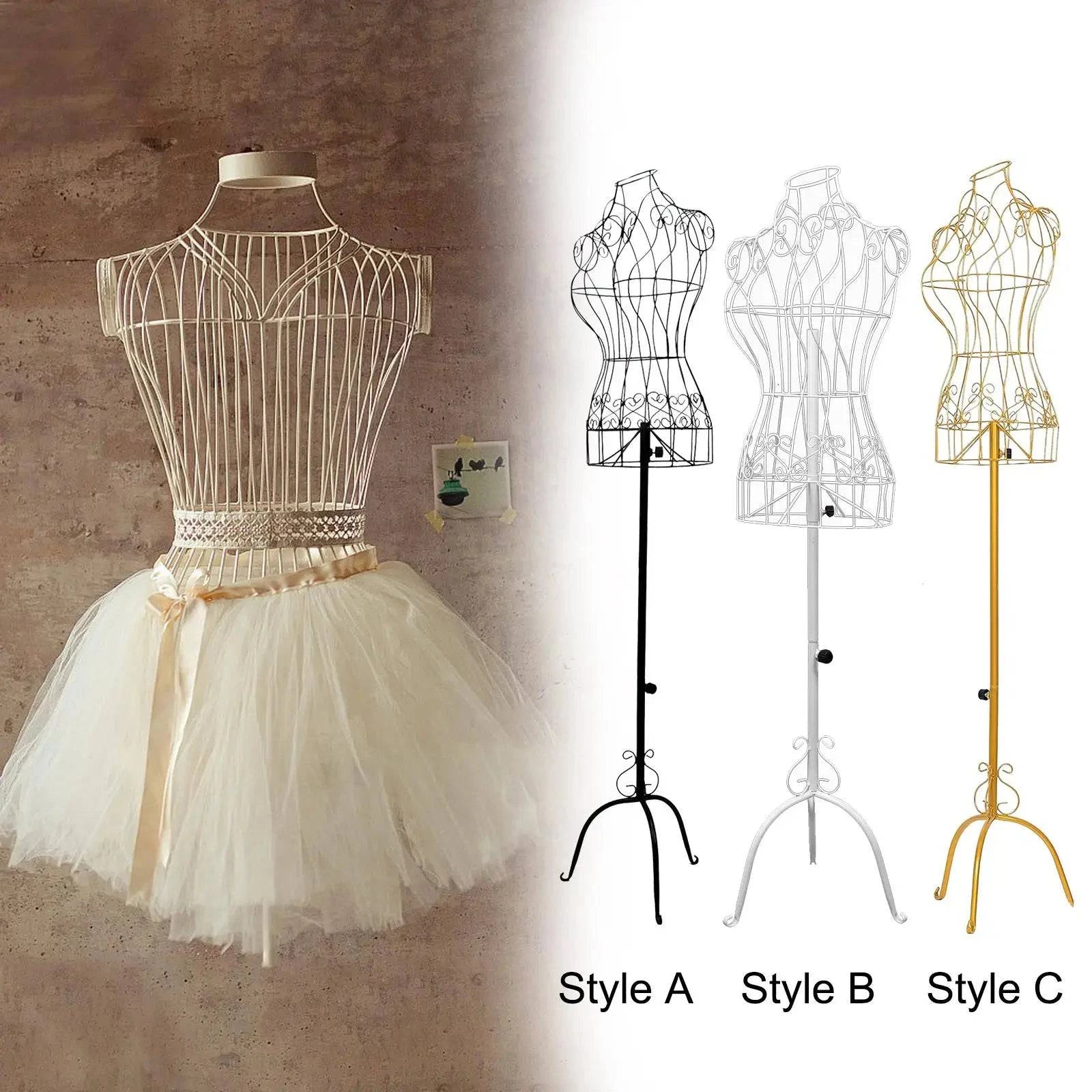 Female mannequin iron dress form with stable base and adjustable height, ideal for tailor, dressmaker, or shop display.