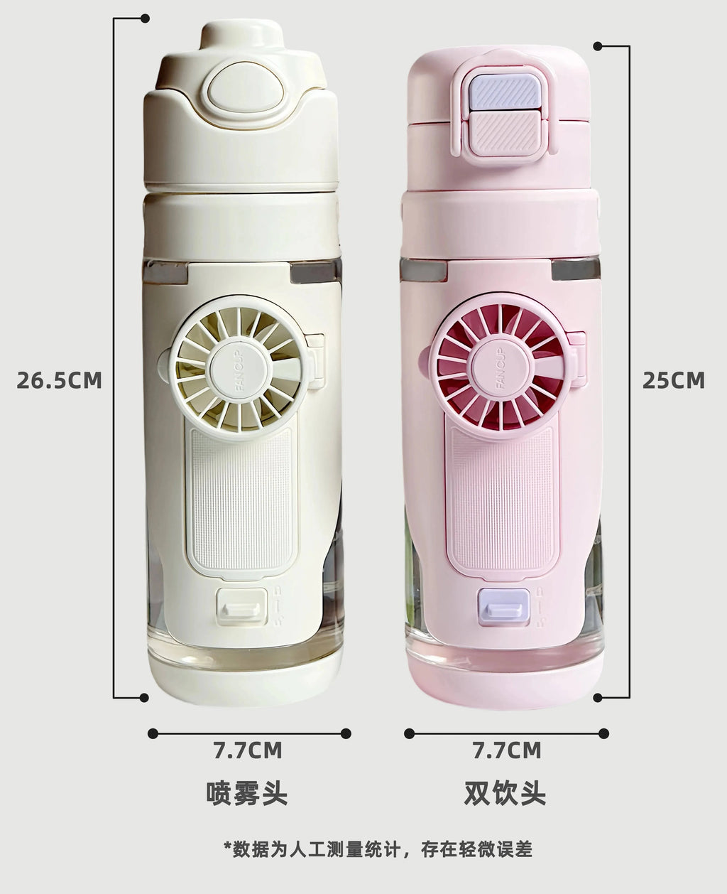 Nehwei 2-in-1 portable water bottle with built-in fan and mist spray for outdoor cooling, leakproof design for kids and students.