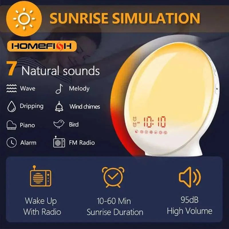 Nehwei Sunrise Sunset Alarm Clock with colorful atmosphere light, FM radio, and natural sound tunes for gentle wake-up.