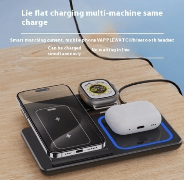 Nehwei enterprise 15W 3-in-1 LED foldable wireless charger stand with fast charging for smartphones and devices.