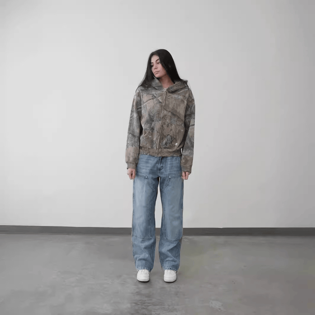 Nehwei Enterprise urban camo retro hoodie with camouflage pattern, front pocket, and drawstring hood, casual streetwear style.