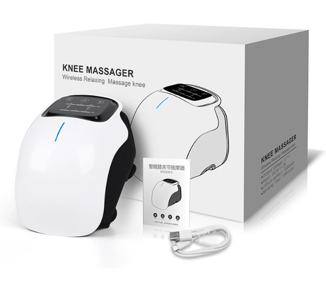 Electric knee massager by Nehwei Enterprise with adjustable straps and heating function, shown on a person's knee for soothing relief.