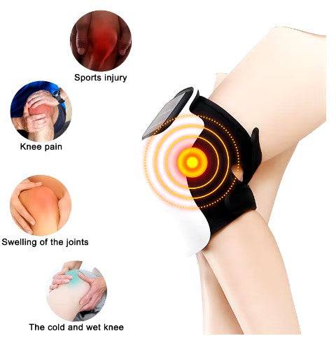 Nehwei Enterprise electric knee massager wrapped around a knee, showing adjustable straps and control panel for soothing relief.
